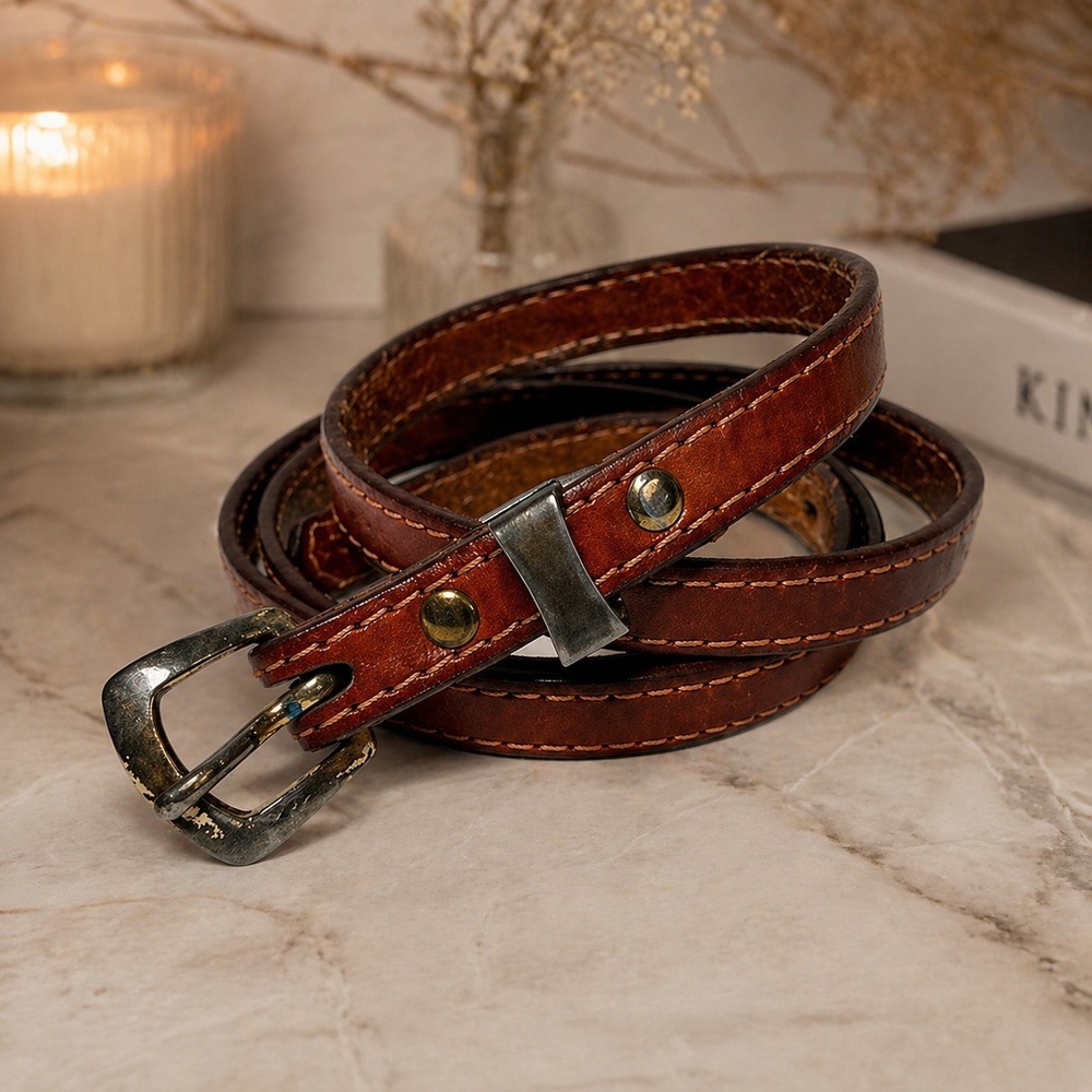 Vintage Skinny FRYE Brown Leather Belt with Contrast Stitching 36 Inch L